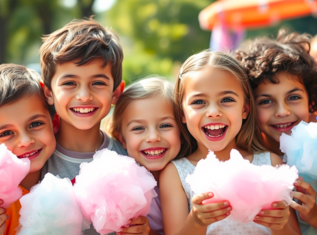 Cheerful children with cotton candy stand before a colorful bouncy castle, embodying the spirit of a joyful celebration.