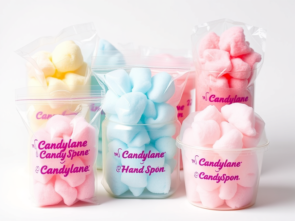 Colorful cotton candy in assorted packaging, featuring various flavors like blue, pink, and yellow, with labels showcasing the Candylane brand.